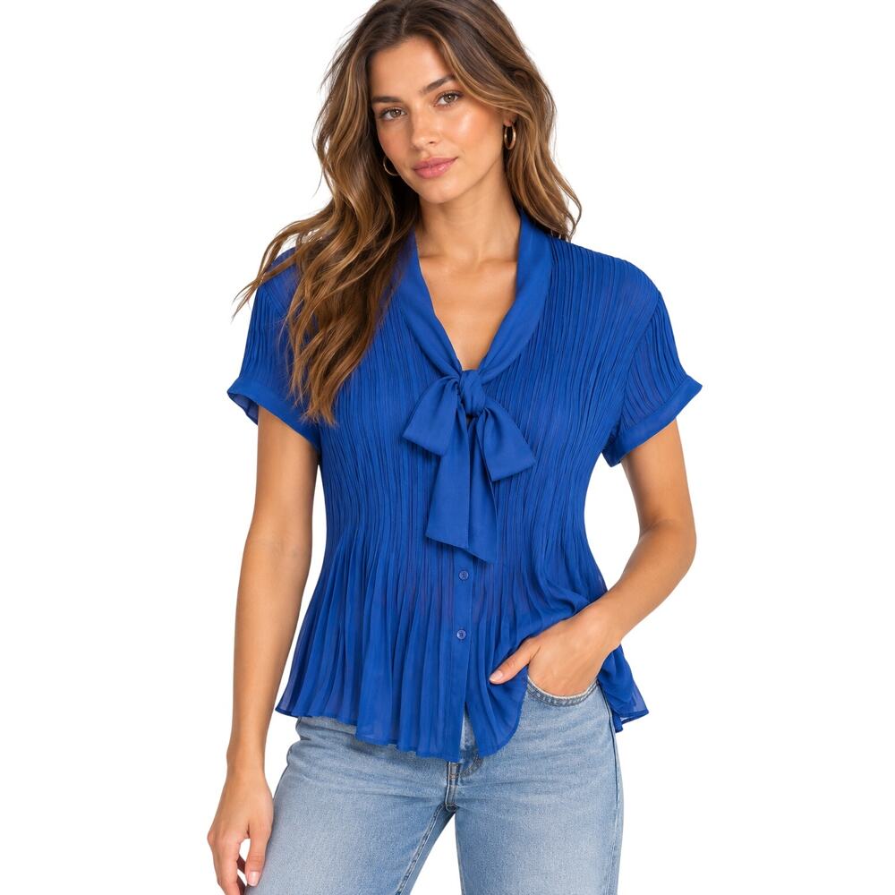 Worthington Petite Royal Blue Pleated Tie Neck Blouse EUC Size Large (LP)